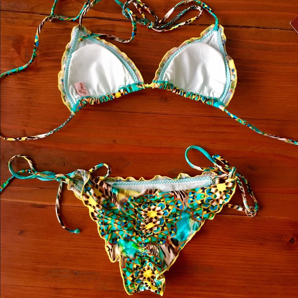 Luli Fama Turquoise Yellow Multi-Color Triangle String Bikini - Picture 2 of 4